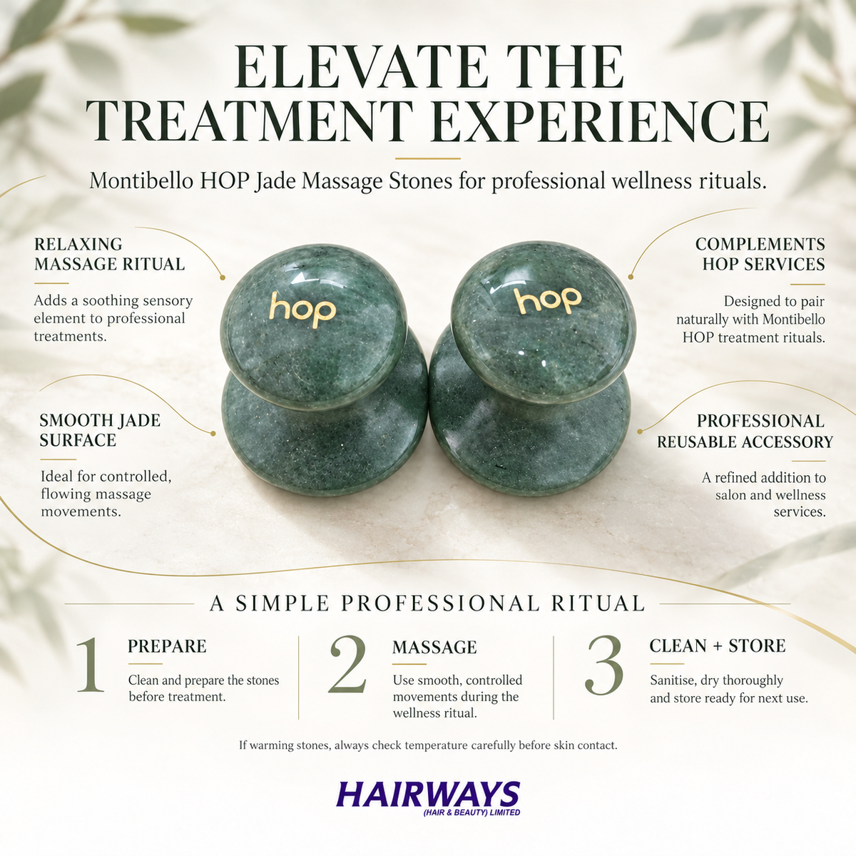 Montibello HOP Jade Massage Stones luxury spa infographic showing professional wellness benefits and a simple treatment ritual