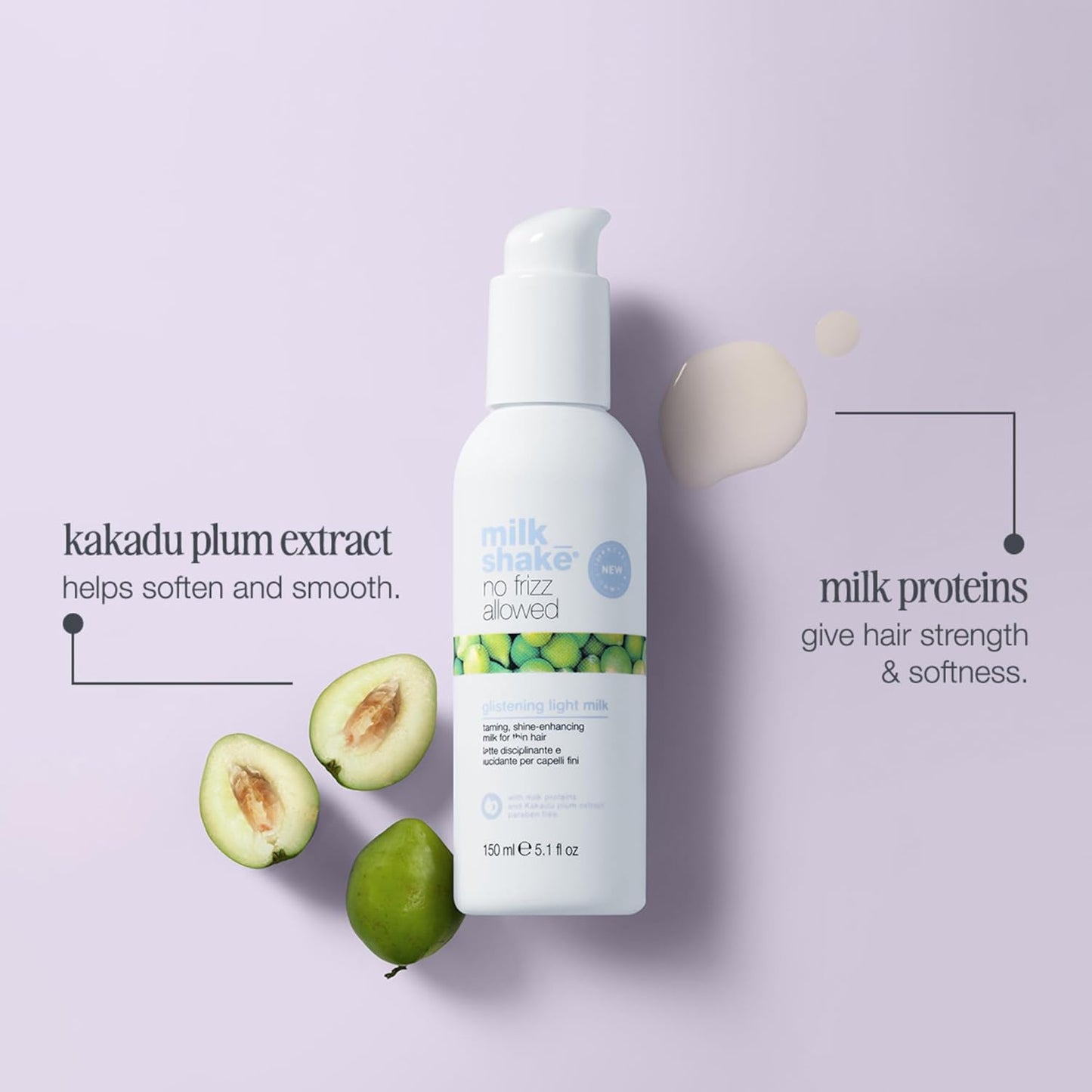 Bottle of milk_shake hair care product with kakadu plum extract on a light purple background