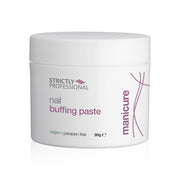 A container of Strictly Professional Nail Buffing Paste with the label facing forward. The label has pink and purple text and the container is white.