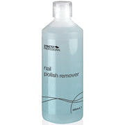 A bottle of Strictly Professional nail polish remover with a white cap. The bottle is labeled and has a blue tint.