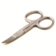 A pair of professional nail scissors with curved blades, made from stainless steel.