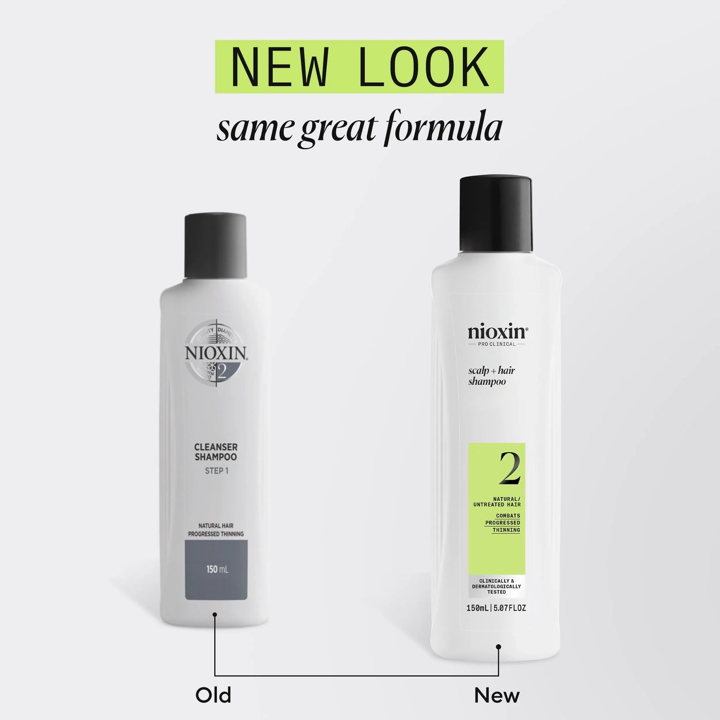 Two Nioxin shampoo bottles, one labeled 'Old' and the other 'New', on a white background.