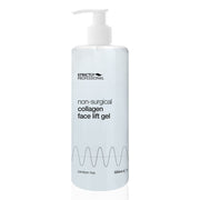 A bottle of 'Strictly Professional - Non Surgical Face Lift Gel' with a pump dispenser, primarily white with product information text.