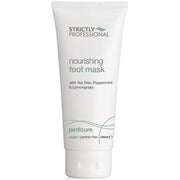 A tube of Strictly Professional nourishing foot mask with green accents on packaging.