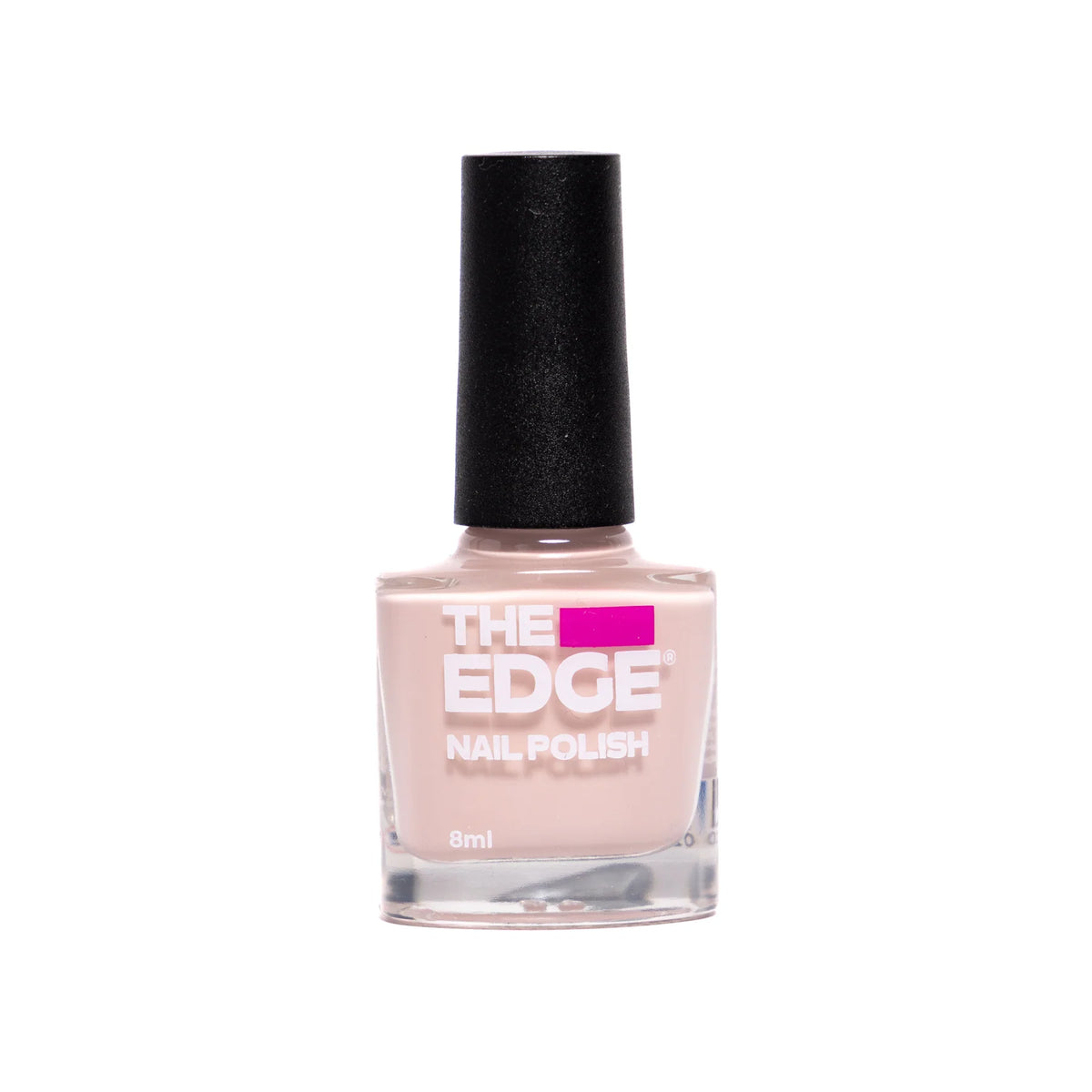 A bottle of The Edge Nail Polish in a light pink shade, featuring a black cap and a clear glass bottle with a white and pink label, set against a plain white background.