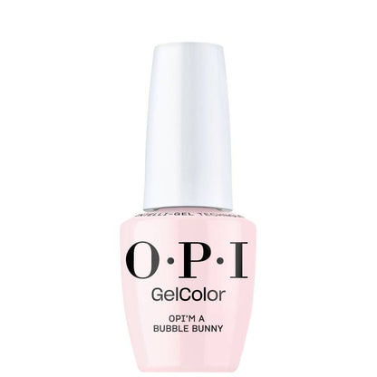 OPI GelColor nail polish bottle with pink base and white cap on a white background