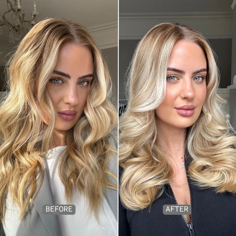 Before and after comparison of a woman with blonde hair, wearing a white top on the left and a black top on the right.