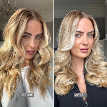 Before and after comparison of a woman with blonde hair, wearing a white top on the left and a black top on the right.