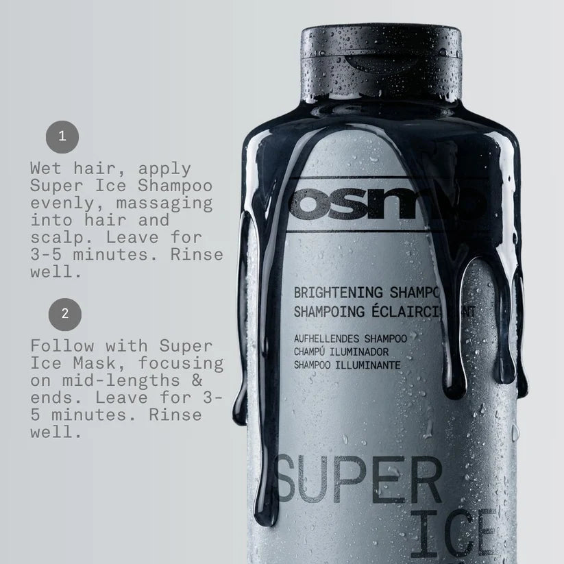 Bottle of Osmo Super Ice Shampoo with application instructions on a gray background