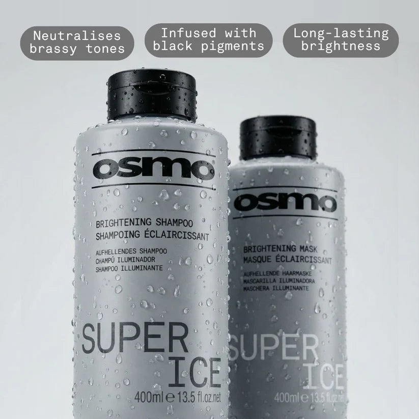 Osmo Super Ice shampoo and mask bottles with text highlighting features on a light gray background