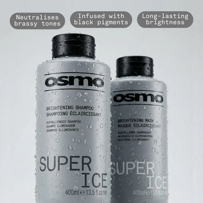 Osmo Super Ice shampoo and mask bottles with text highlighting features on a light gray background