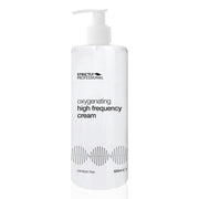 A white pump bottle labeled 'Strictly Professional Oxygenating High Frequency Cream 500ml' designed for skin treatments.
