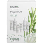 A product image featuring a box labeled 'Strictly Professional treatment range' with various pedicure treatment items including bottles and a foot mask, indicating the products are vegan and paraben-free.