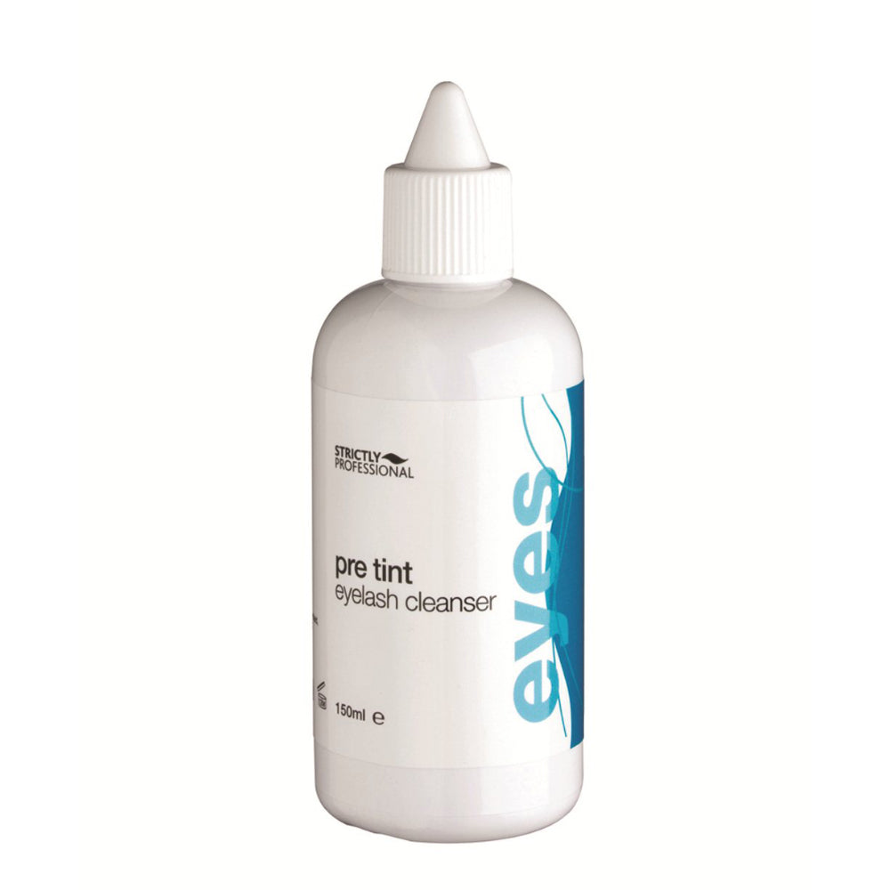 Eyelash cleanser bottle with white cap and blue text on a white background