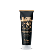 A tube of Ergoline Plus Beaches and Creme Black Bronzing Sunbed Butter with a black and white design, labeled for tanning purposes.