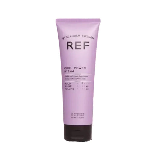 Purple hair care product tube curl power with 'REF' branding on a white background