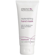 A tube of Strictly Professional replenishing hand mask with white and pink design elements.