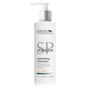 A pump bottle of Strictly Professional Anti-Age Replenishing Moisturiser with Vitamin E & A, Hyaluronic Acid, Aloe Vera and White Tea.