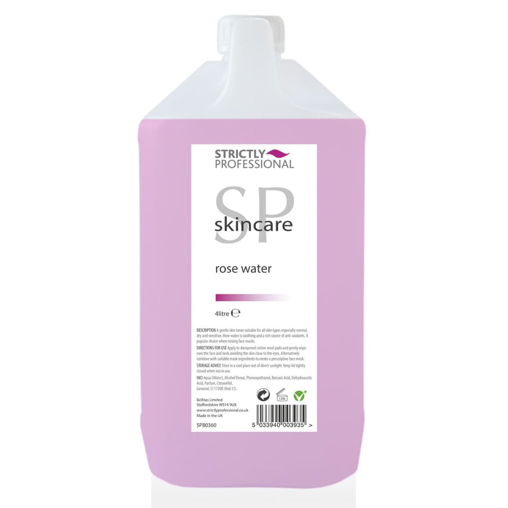 Large bottle of Strictly Professional rose water on a white background
