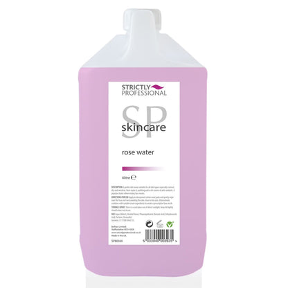 Large bottle of Strictly Professional rose water on a white background