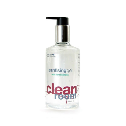 A pump bottle of sanitising gel with lemongrass, part of the 'clean room' product line.