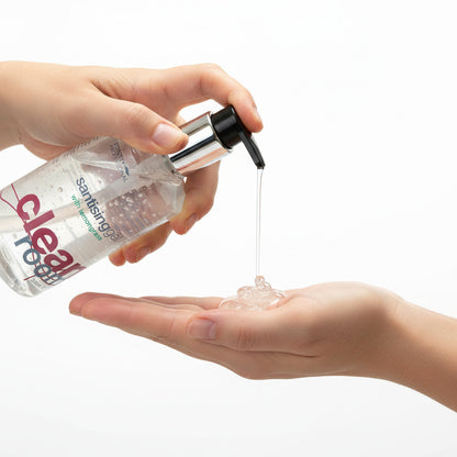 Bottle of 'clean room' sanitising gel with lemongrass on a white background