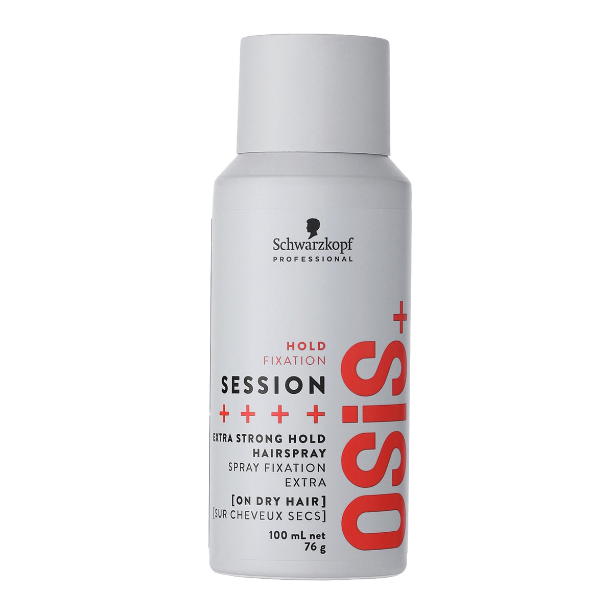 A 100 mL bottle of Schwarzkopf Professional Osis+ Session Hold Fixation Hairspray in Extra Strong Hold, featuring a white bottle with red and black text on a clean white background.