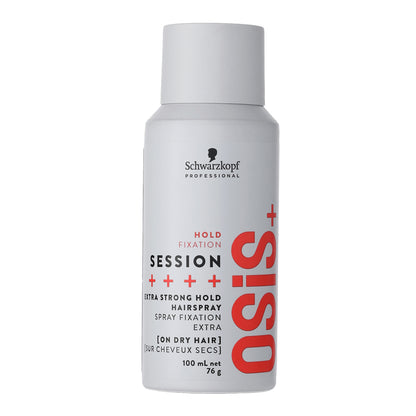 A 100 mL bottle of Schwarzkopf Professional Osis+ Session Hold Fixation Hairspray in Extra Strong Hold, featuring a white bottle with red and black text on a clean white background.