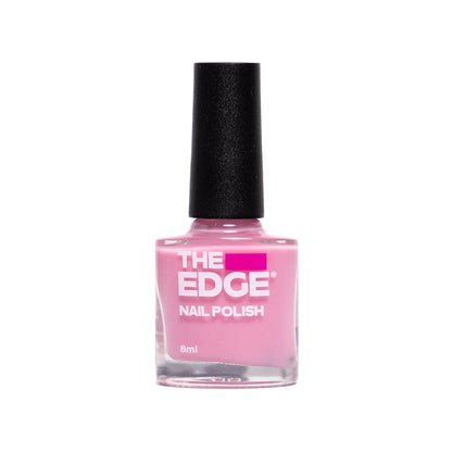 A bottle of The Edge Nail Polish in a light pink shade, featuring a black cap and a clear glass bottle with a white and pink label, set against a plain white background.
