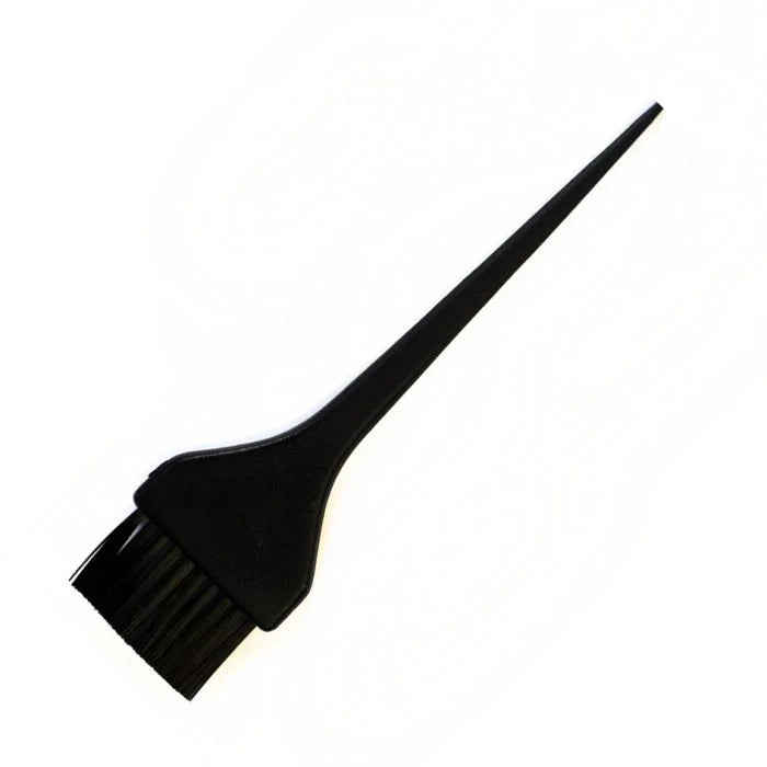 A black tint brush with straight bristles and a long handle, designed for applying hair color or bleach.