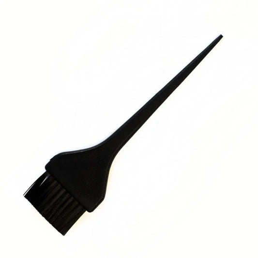 A black tint brush with straight bristles and a long handle, designed for applying hair color or bleach.