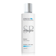 A bottle of Strictly Professional brand toner labeled 'SP Skincare' for normal/dry skin.