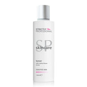 A bottle of 'Strictly Professional - Sensitive Skin Toner' with white and pink labeling, indicating it is a toner for sensitive skin.