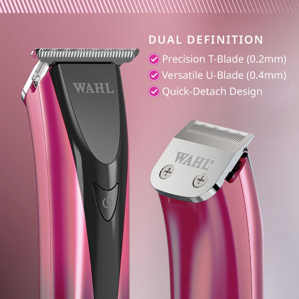 A Wahl hair trimmer shown in two close-up views on a pink gradient background, with text highlighting dual blade definitions and quick-detach design.