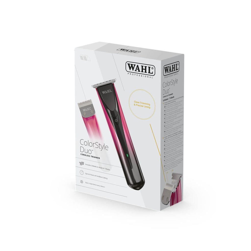 Wahl ColorStyle Duo cordless trimmer in pink and black, shown in its white retail packaging box against a white background.