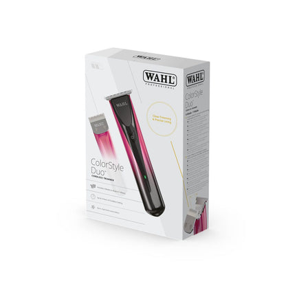Wahl ColorStyle Duo cordless trimmer in pink and black, shown in its white retail packaging box against a white background.