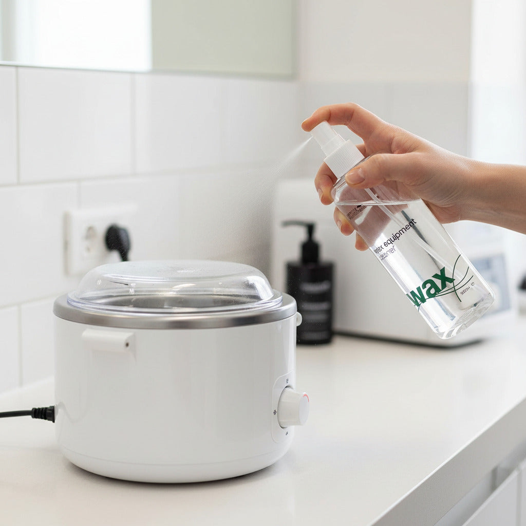 Clear spray bottle labeled 'wax equipment cleaner' on a white background