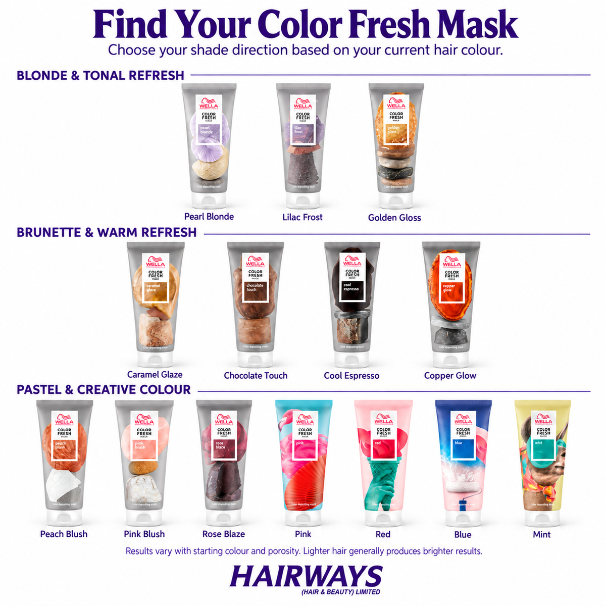 Wella Color Fresh Mask blonde brunette and creative shade guide