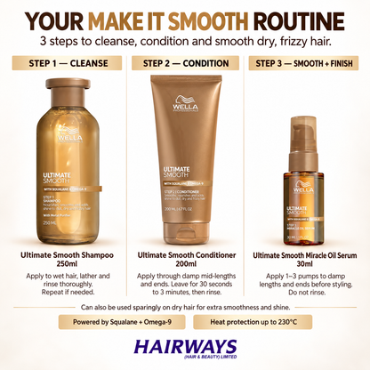 Wella Ultimate Smooth Make It Smooth Trio showing Shampoo, Conditioner and Miracle Oil Serum in a three-step routine for dry, frizzy hair