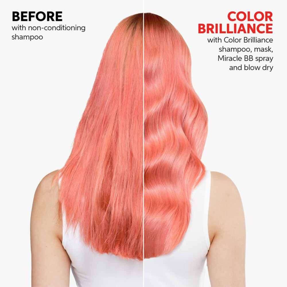 Comparison of hair color before and after using Color Brilliance shampoo, mask, and Miracle BB spray.