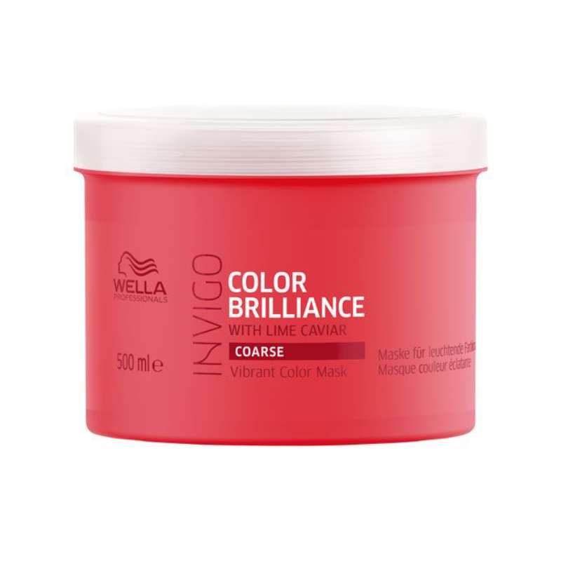 Red jar of Wella Invigo Color Brilliance hair mask on a white background