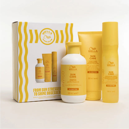 Wella Sun Care product set including bottles and a box on a white background